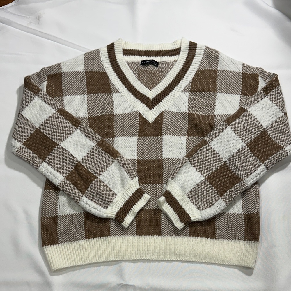 SHEIN Brown and White Checkered V-Neck Sweater